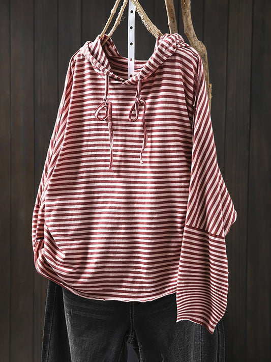 Women Autumn Artsy Stripe 100%Cotton Hooded Shirt