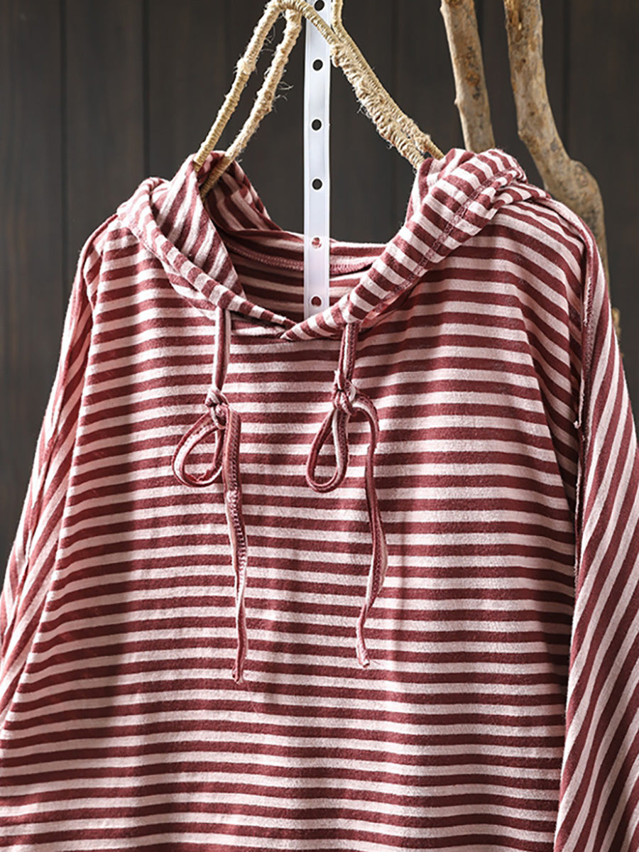 Women Autumn Artsy Stripe 100%Cotton Hooded Shirt