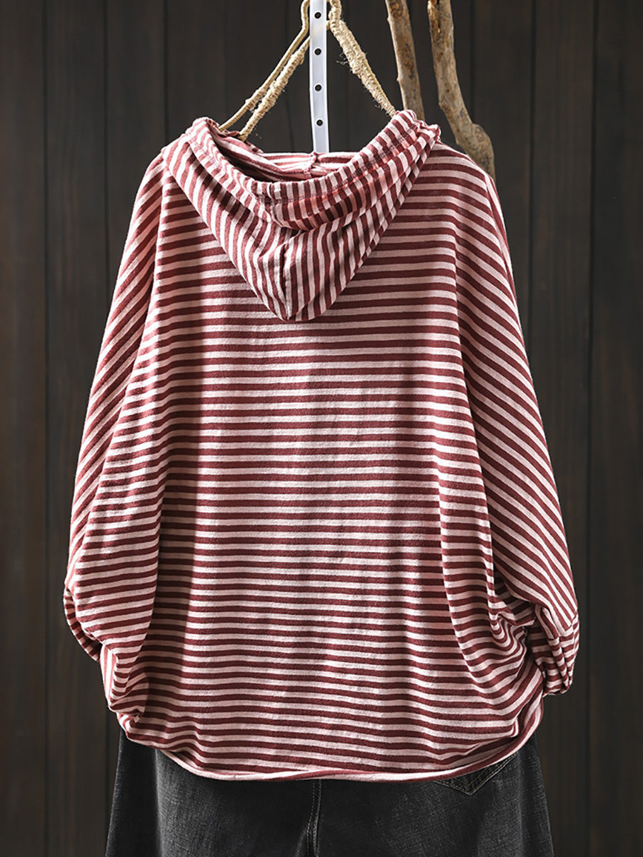 Women Autumn Artsy Stripe 100%Cotton Hooded Shirt