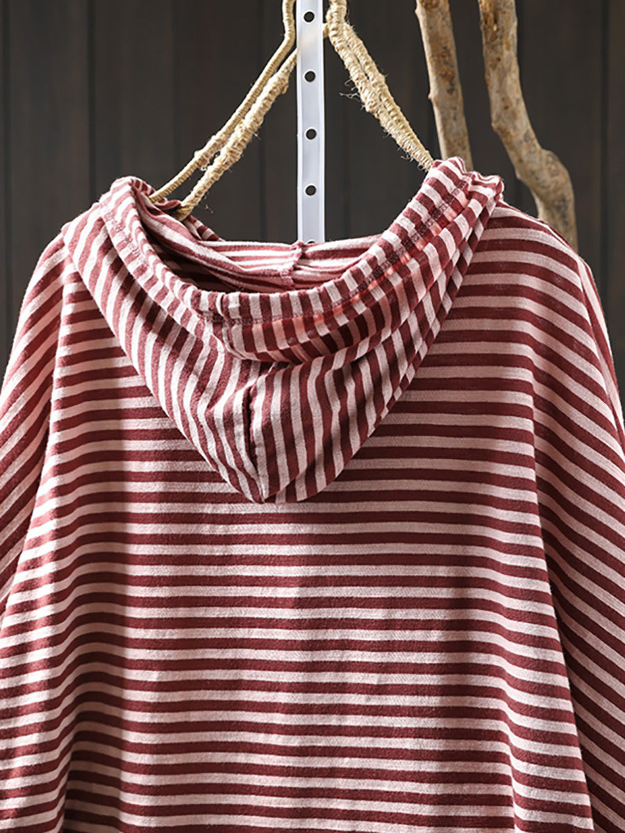 Women Autumn Artsy Stripe 100%Cotton Hooded Shirt
