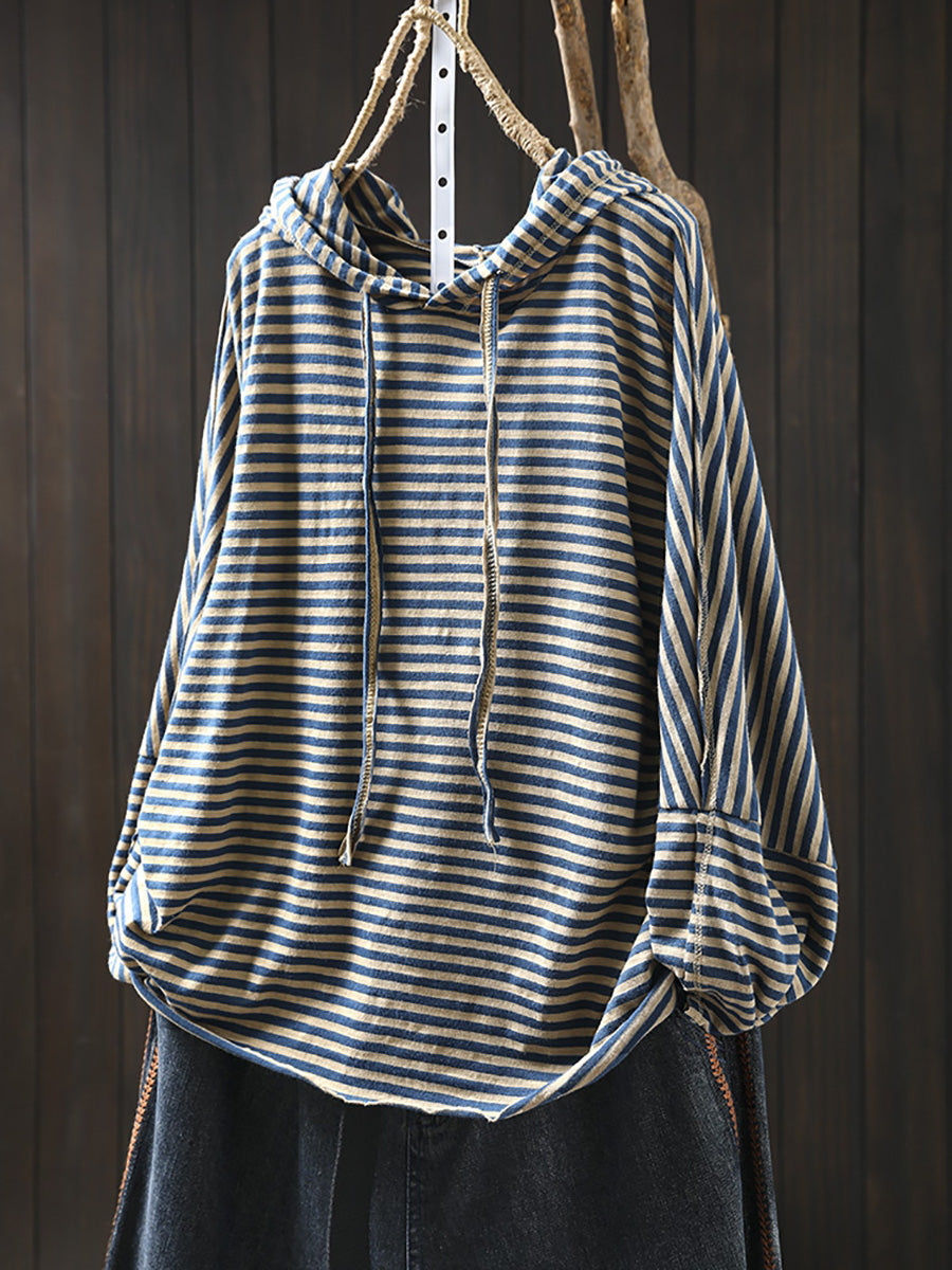 Women Autumn Artsy Stripe 100%Cotton Hooded Shirt
