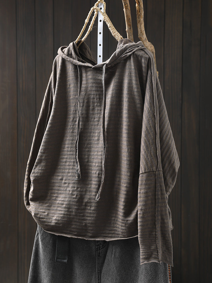 Women Autumn Artsy Stripe 100%Cotton Hooded Shirt