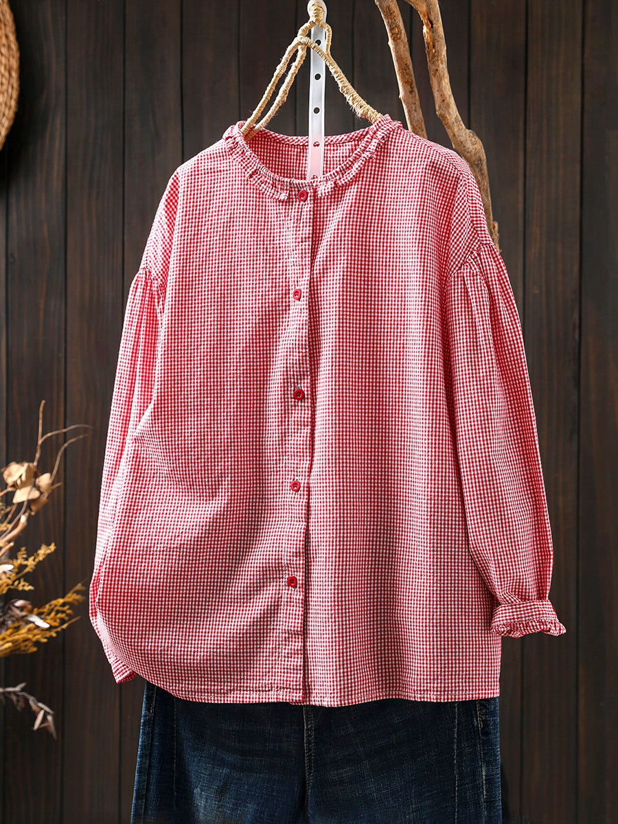 Women Summer Artsy Plaid Lace Collar 100%Cotton Shirt