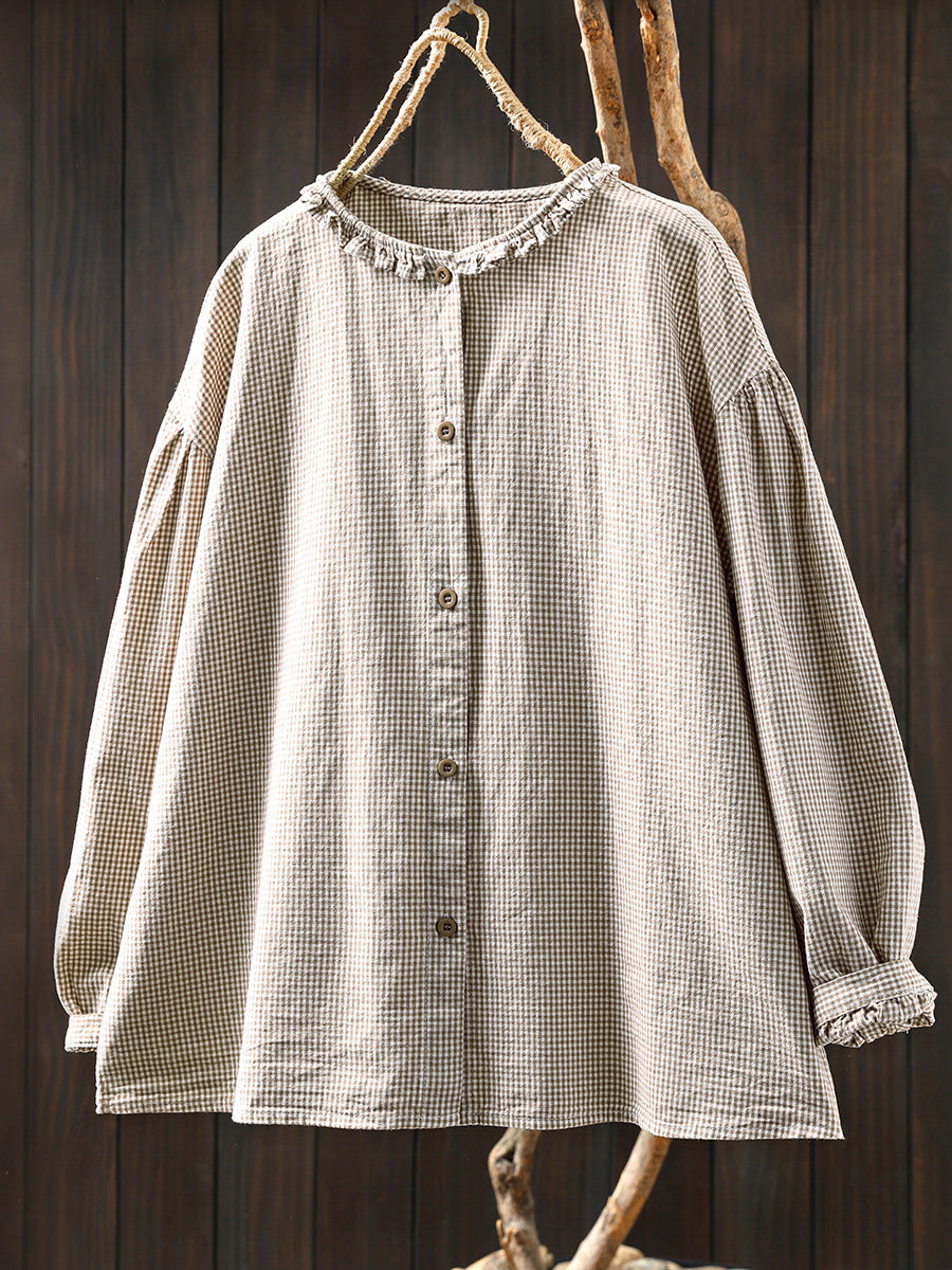 Women Summer Artsy Plaid Lace Collar 100%Cotton Shirt