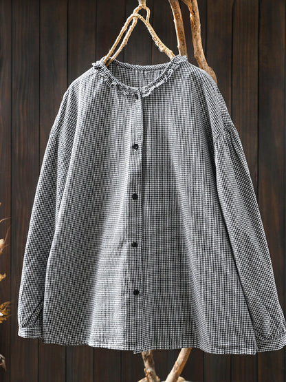 Women Summer Artsy Plaid Lace Collar 100%Cotton Shirt