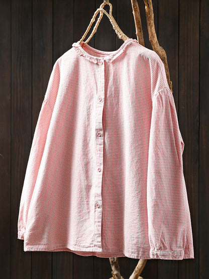 Women Summer Artsy Plaid Lace Collar 100%Cotton Shirt