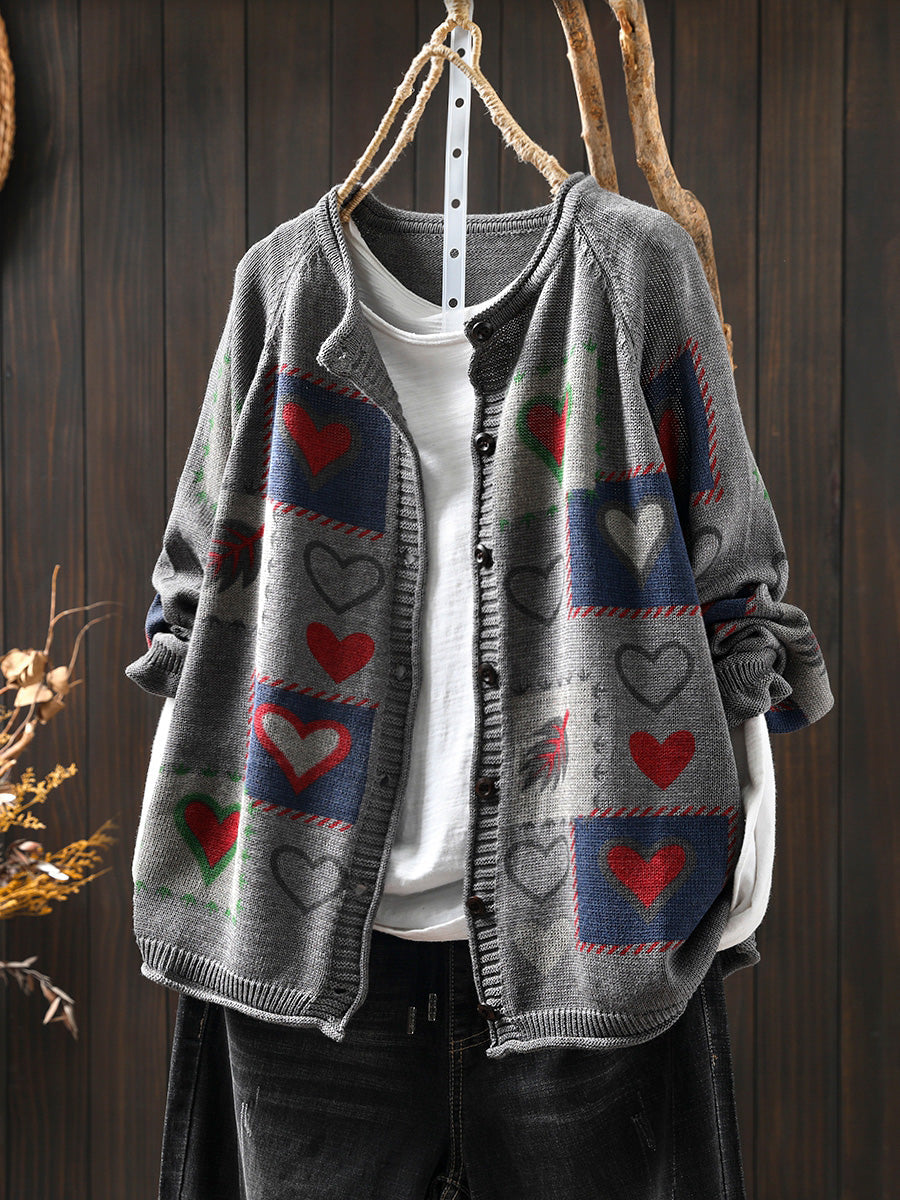 Women Autumn  Artsy Heart Button-up Knitted O-Neck Shirt