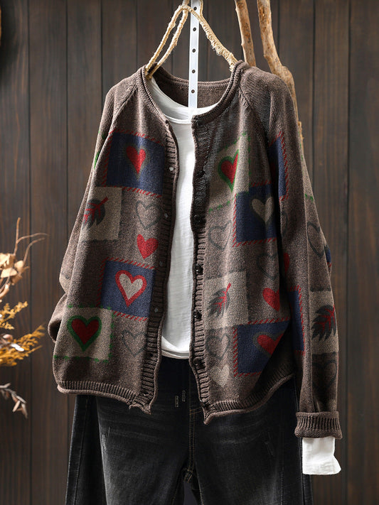 Women Autumn  Artsy Heart Button-up Knitted O-Neck Shirt