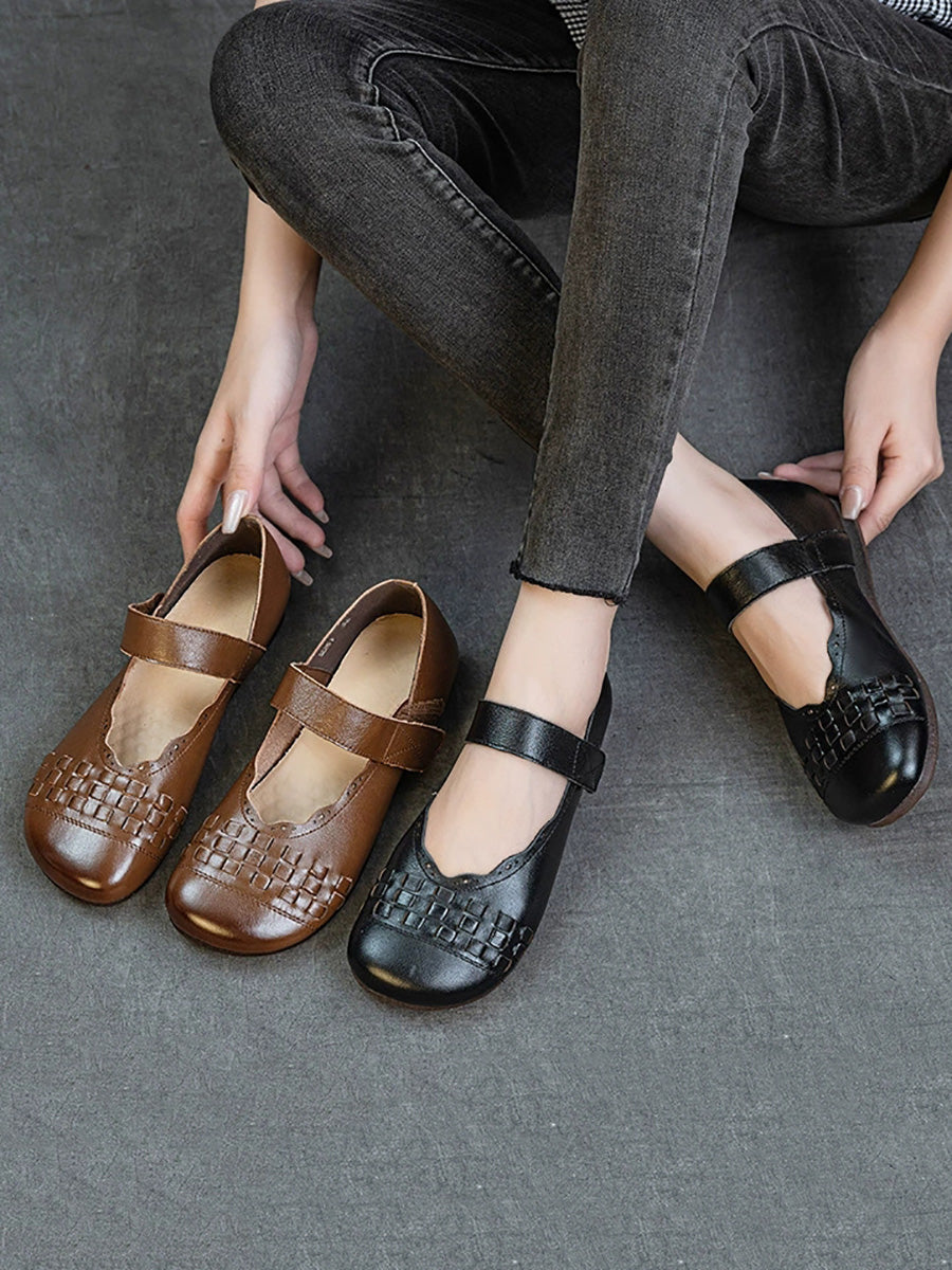 Women Summer Genuine Leather Weave Flat Shoes