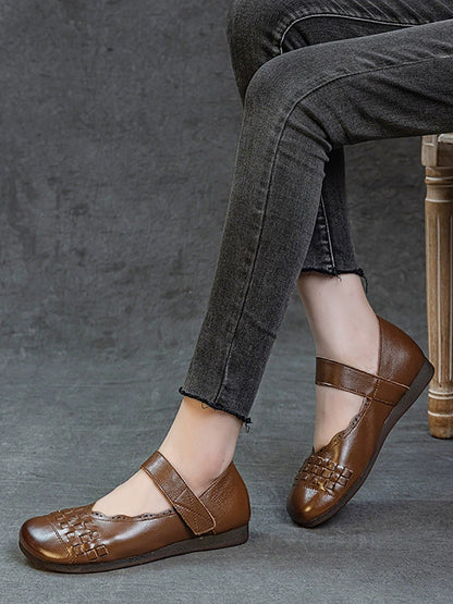 Women Summer Genuine Leather Weave Flat Shoes
