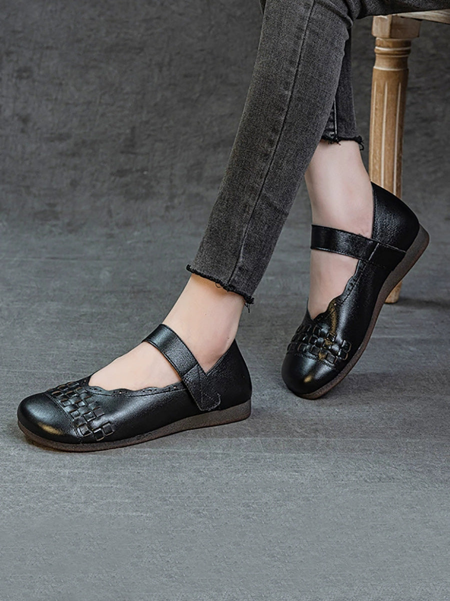 Women Summer Genuine Leather Weave Flat Shoes