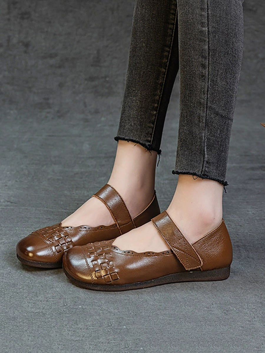 Women Summer Genuine Leather Weave Flat Shoes