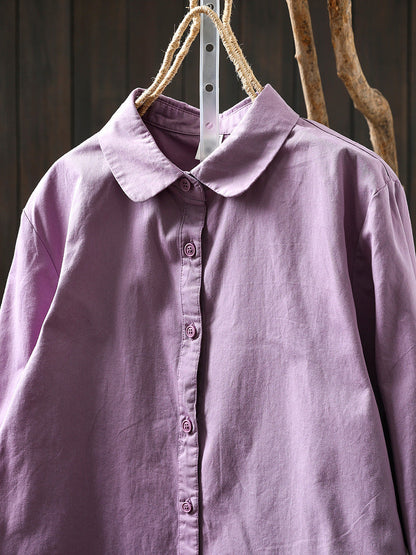 Women Artsy Pure Color Turn-down Collar 100%Cotton Shirt