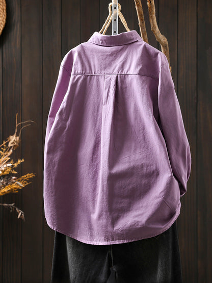 Women Artsy Pure Color Turn-down Collar 100%Cotton Shirt