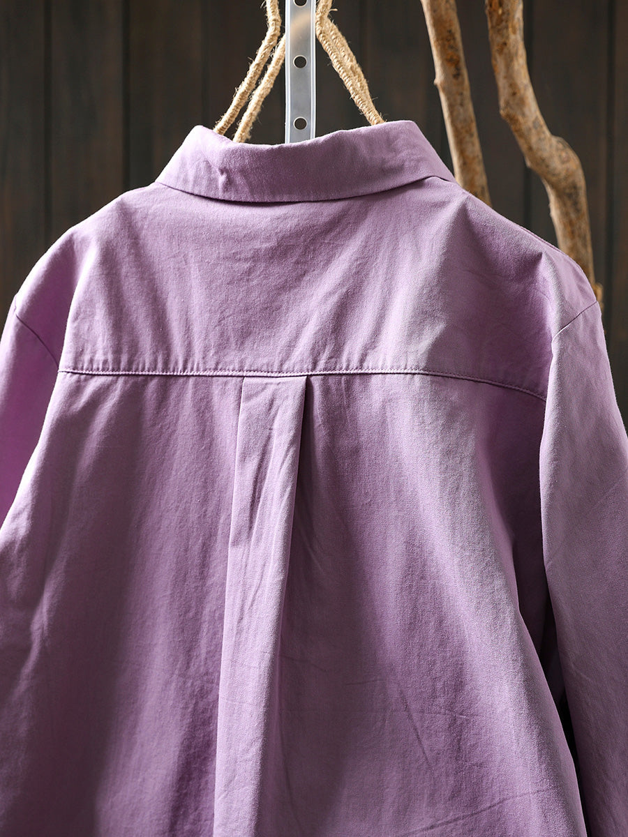 Women Artsy Pure Color Turn-down Collar 100%Cotton Shirt