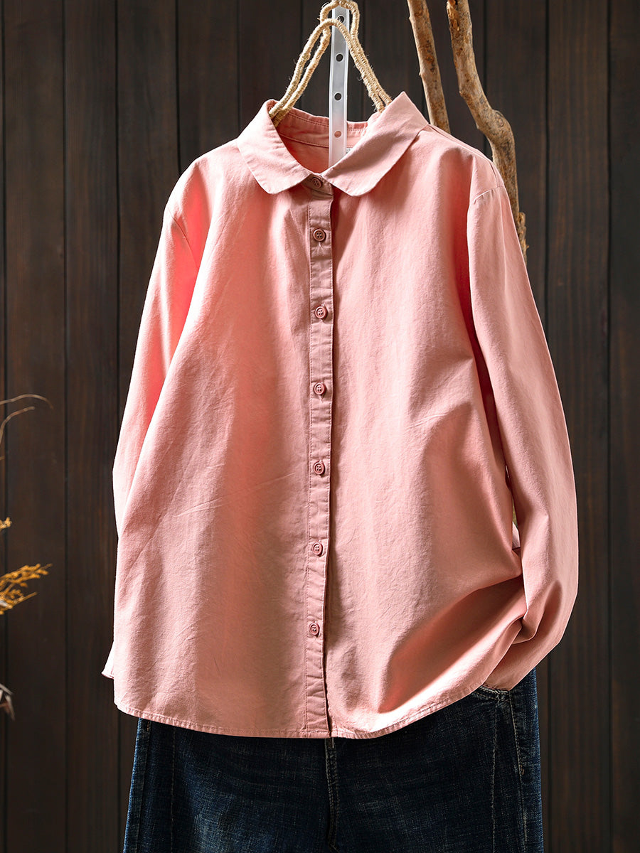 Women Artsy Pure Color Turn-down Collar 100%Cotton Shirt