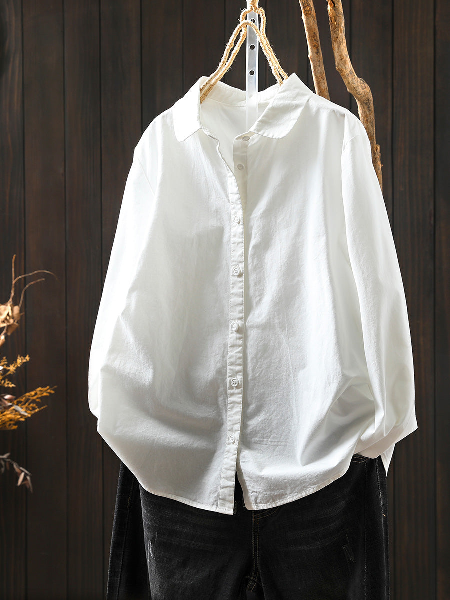 Women Artsy Pure Color Turn-down Collar 100%Cotton Shirt