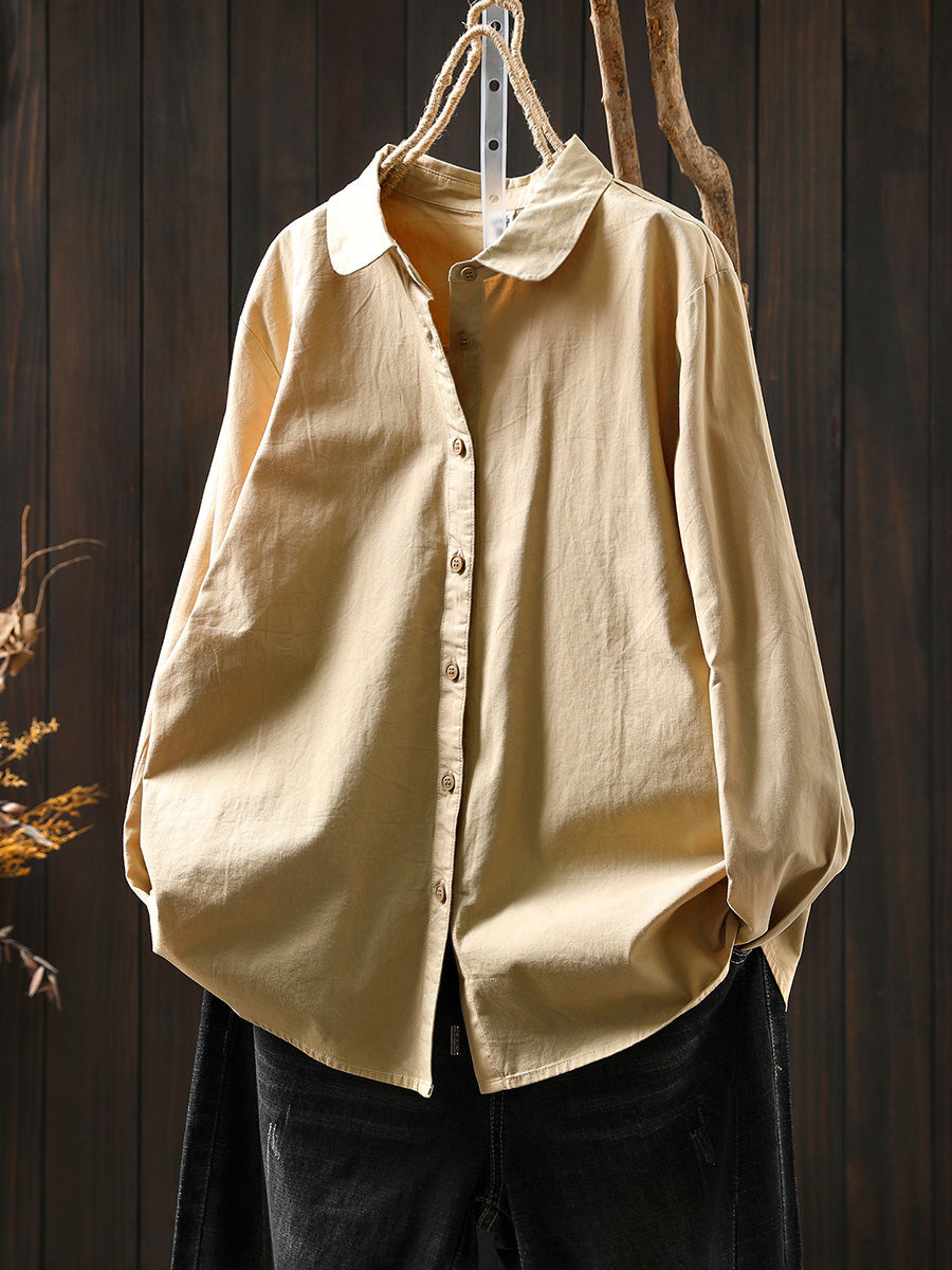 Women Artsy Pure Color Turn-down Collar 100%Cotton Shirt