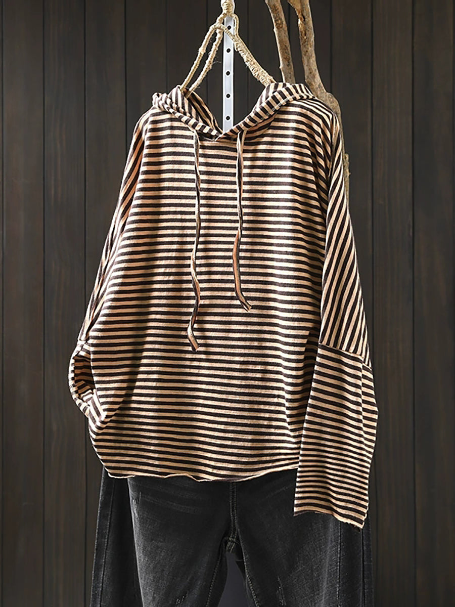 Women Autumn Artsy Stripe 100%Cotton Hooded Shirt
