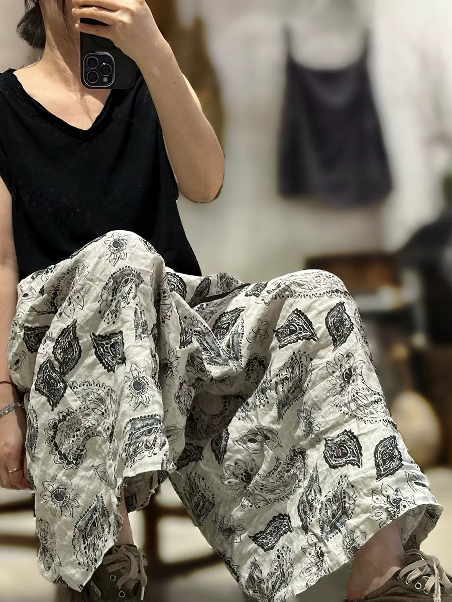 Women Summer Retro Print Linen Wide-leg Pants