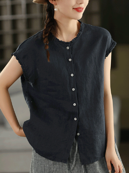 Women Summer Vintage Plaid 100%Linen O-Neck Shirt