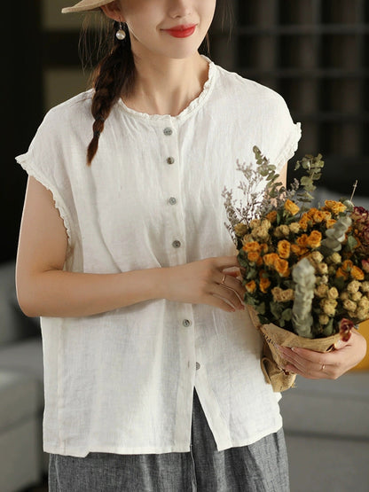 Women Summer Vintage Plaid 100%Linen O-Neck Shirt
