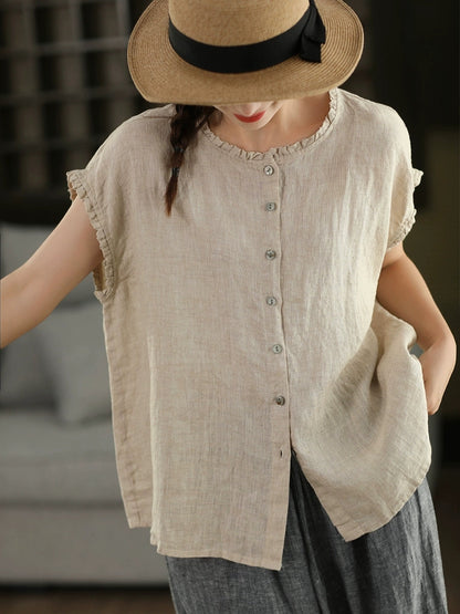 Women Summer Vintage Plaid 100%Linen O-Neck Shirt