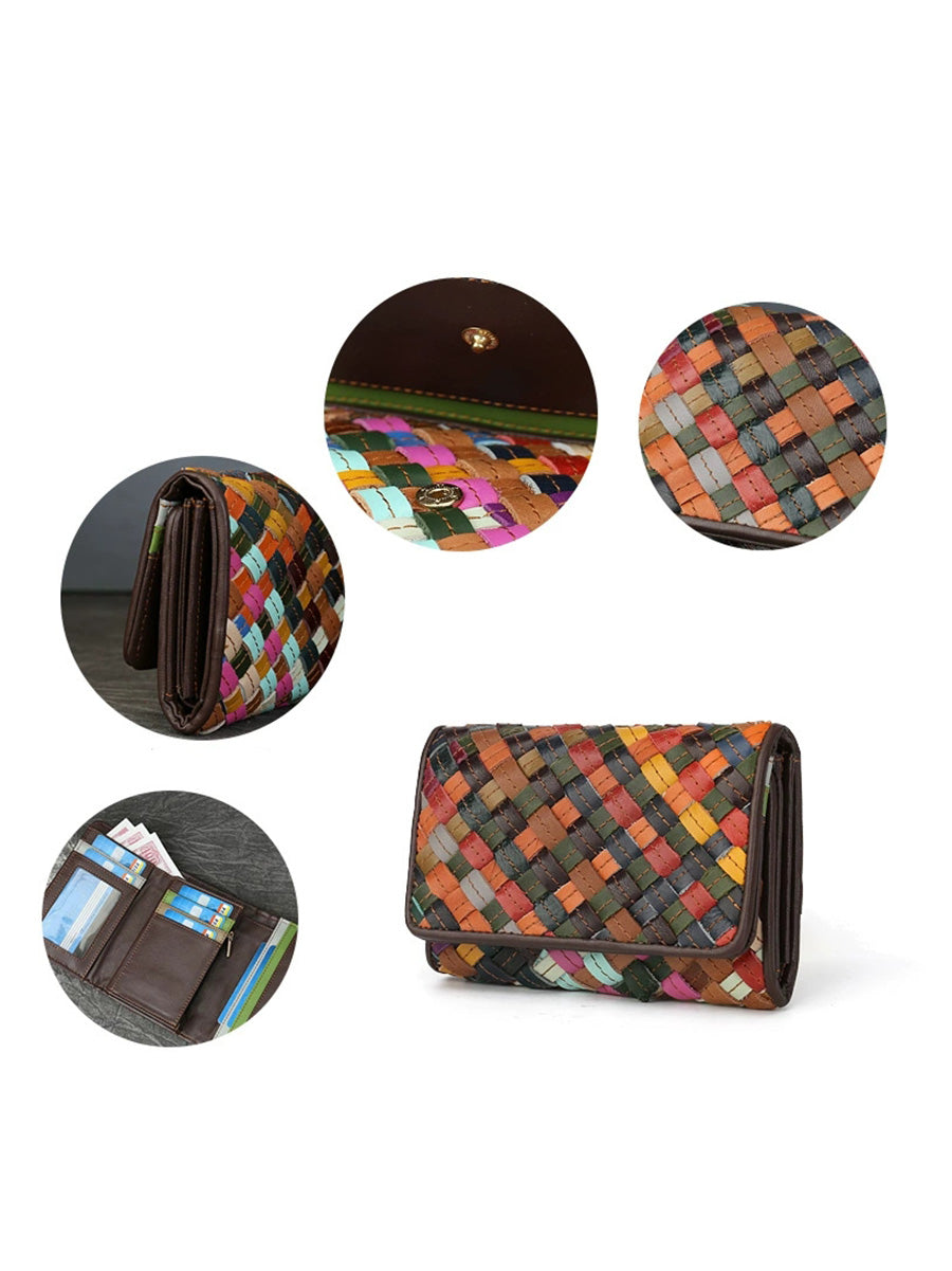 Women Colorful Leather Weave Multifunction Wallet