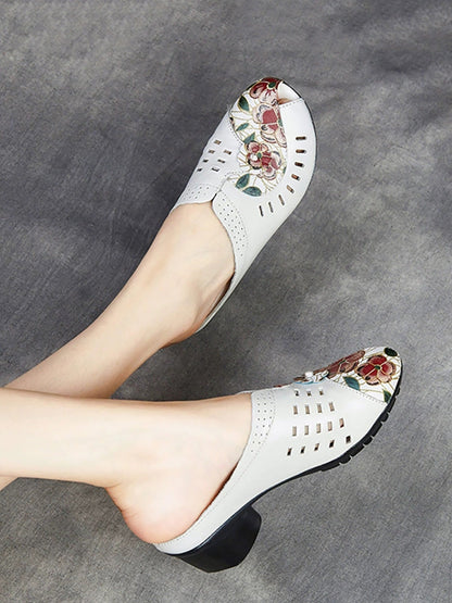 Women Summer Ethnic Flower Leather Spliced Mid Heel Slippers