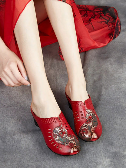 Women Summer Ethnic Flower Leather Spliced Mid Heel Slippers