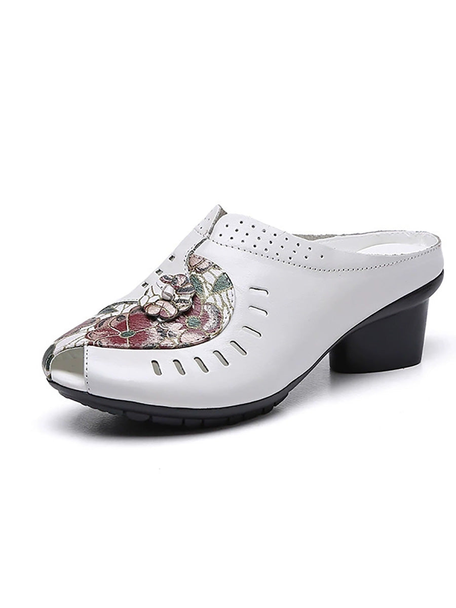 Women Summer Ethnic Flower Leather Spliced Mid Heel Slippers