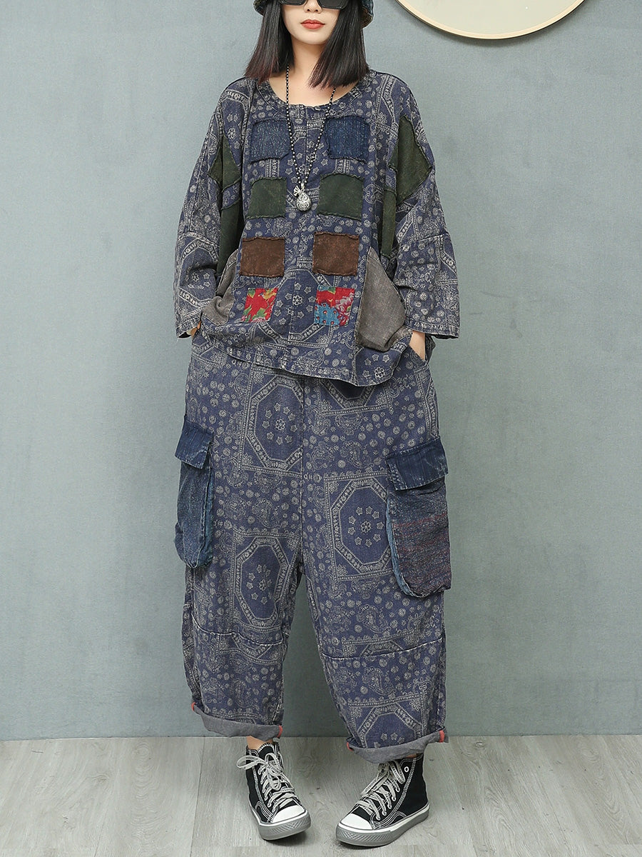 Women Autumn Retro Patchwork Linen Suits