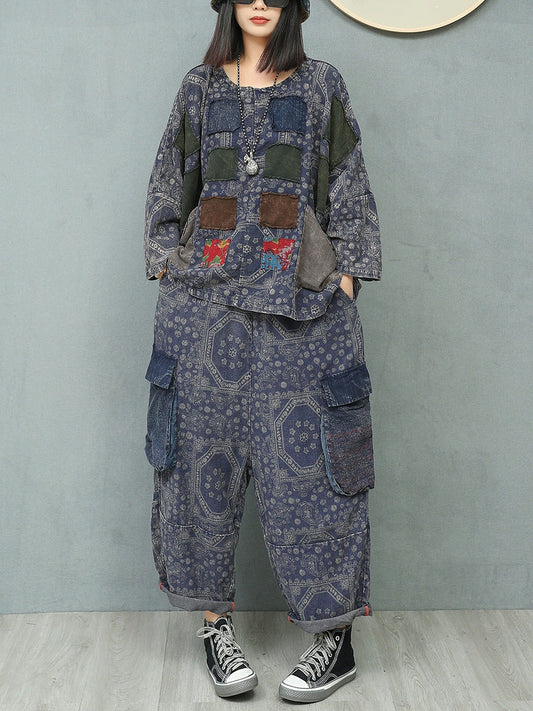 Women Autumn Retro Patchwork Linen Suits