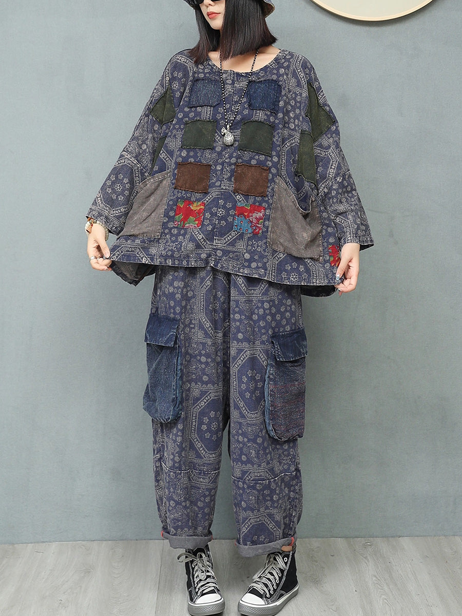 Women Autumn Retro Patchwork Linen Suits