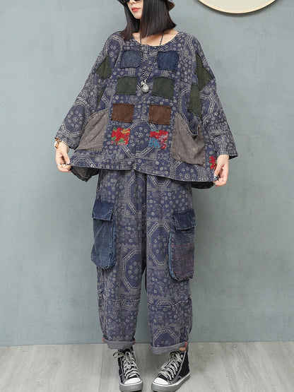 Women Autumn Retro Patchwork Linen Suits