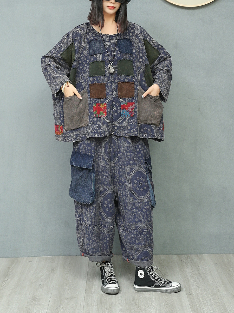 Women Autumn Retro Patchwork Linen Suits