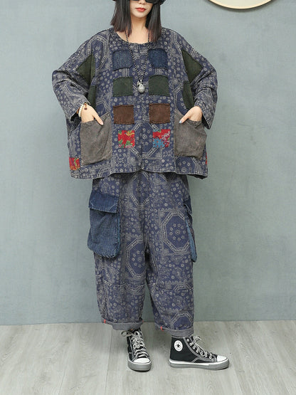 Women Autumn Retro Patchwork Linen Suits