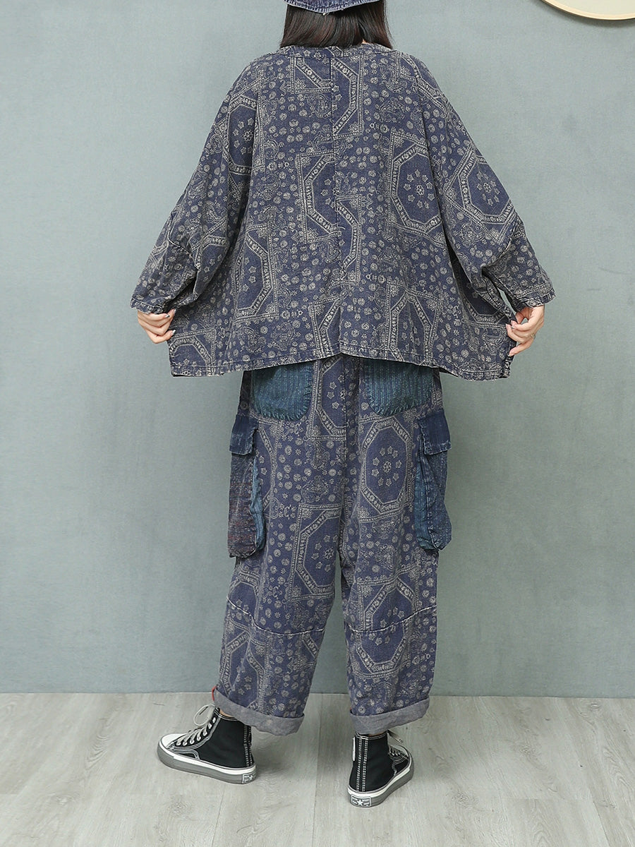 Women Autumn Retro Patchwork Linen Suits