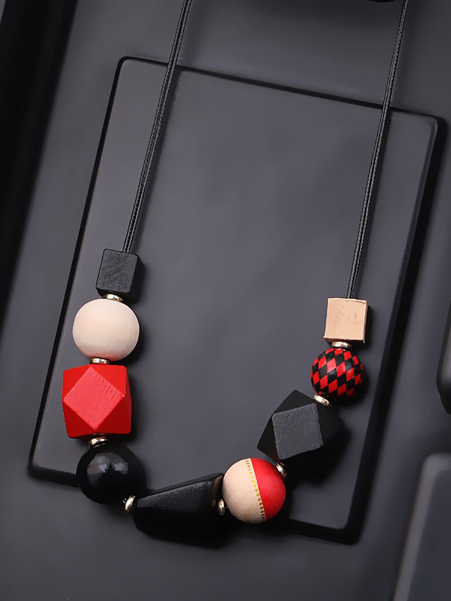 Women Fashion Geometric Wood Weave Necklace