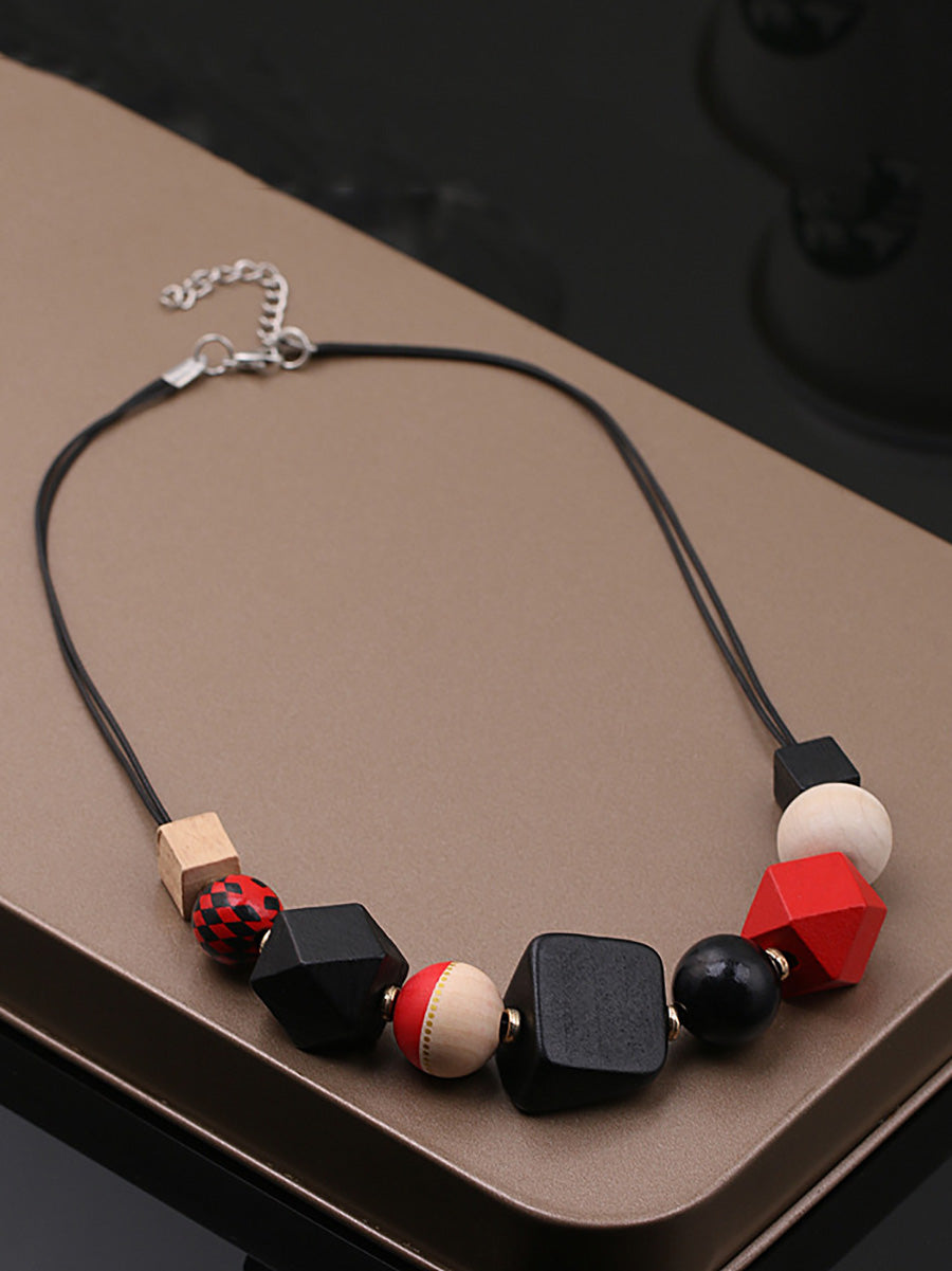 Women Fashion Geometric Wood Weave Necklace