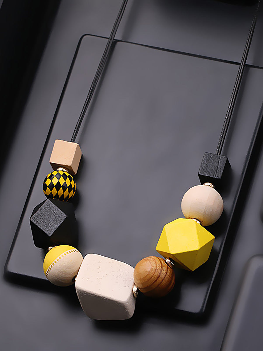 Women Fashion Geometric Wood Weave Necklace