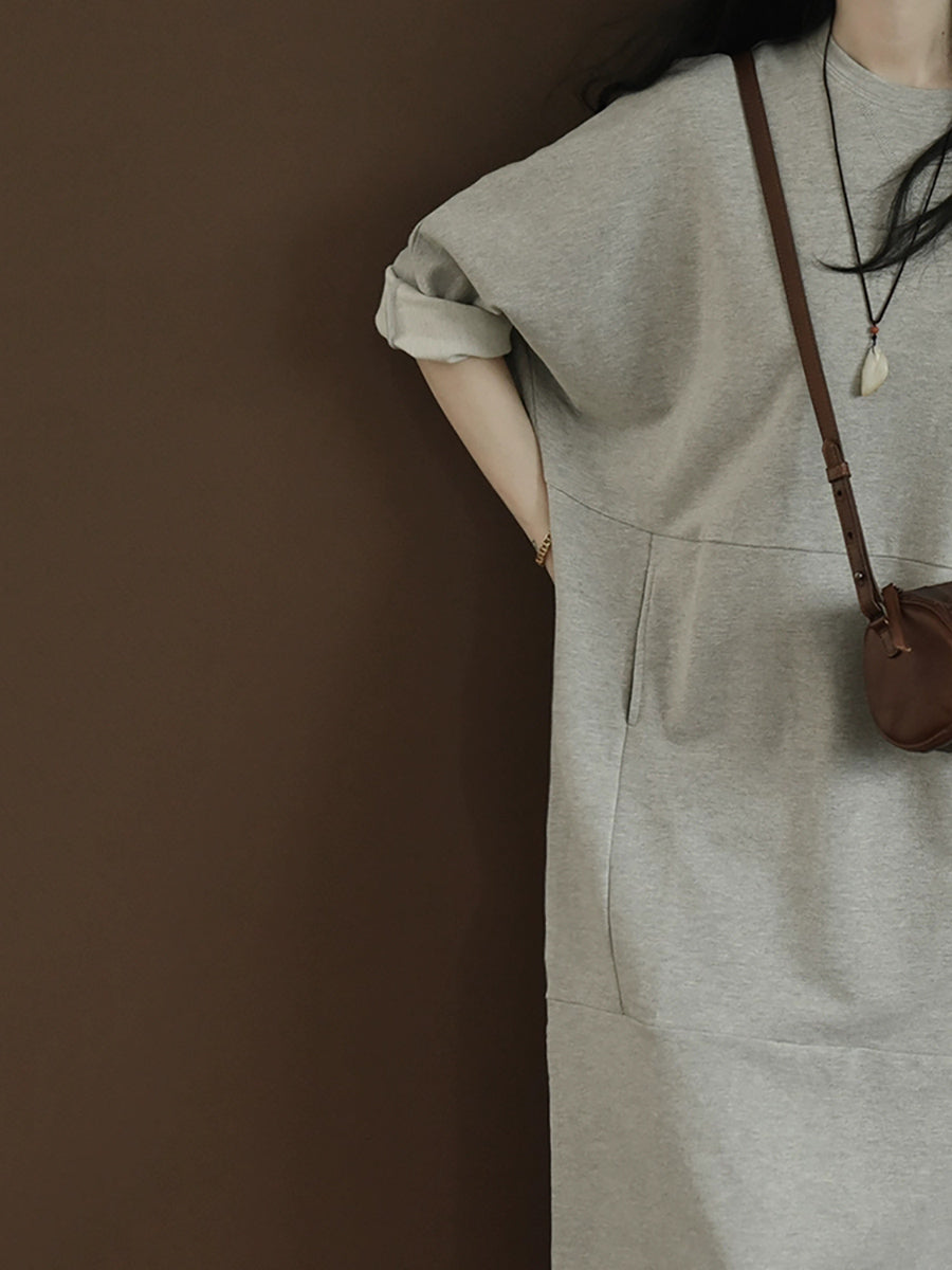 Women Autumn Casual Pure Color O-Neck Cotton Dress