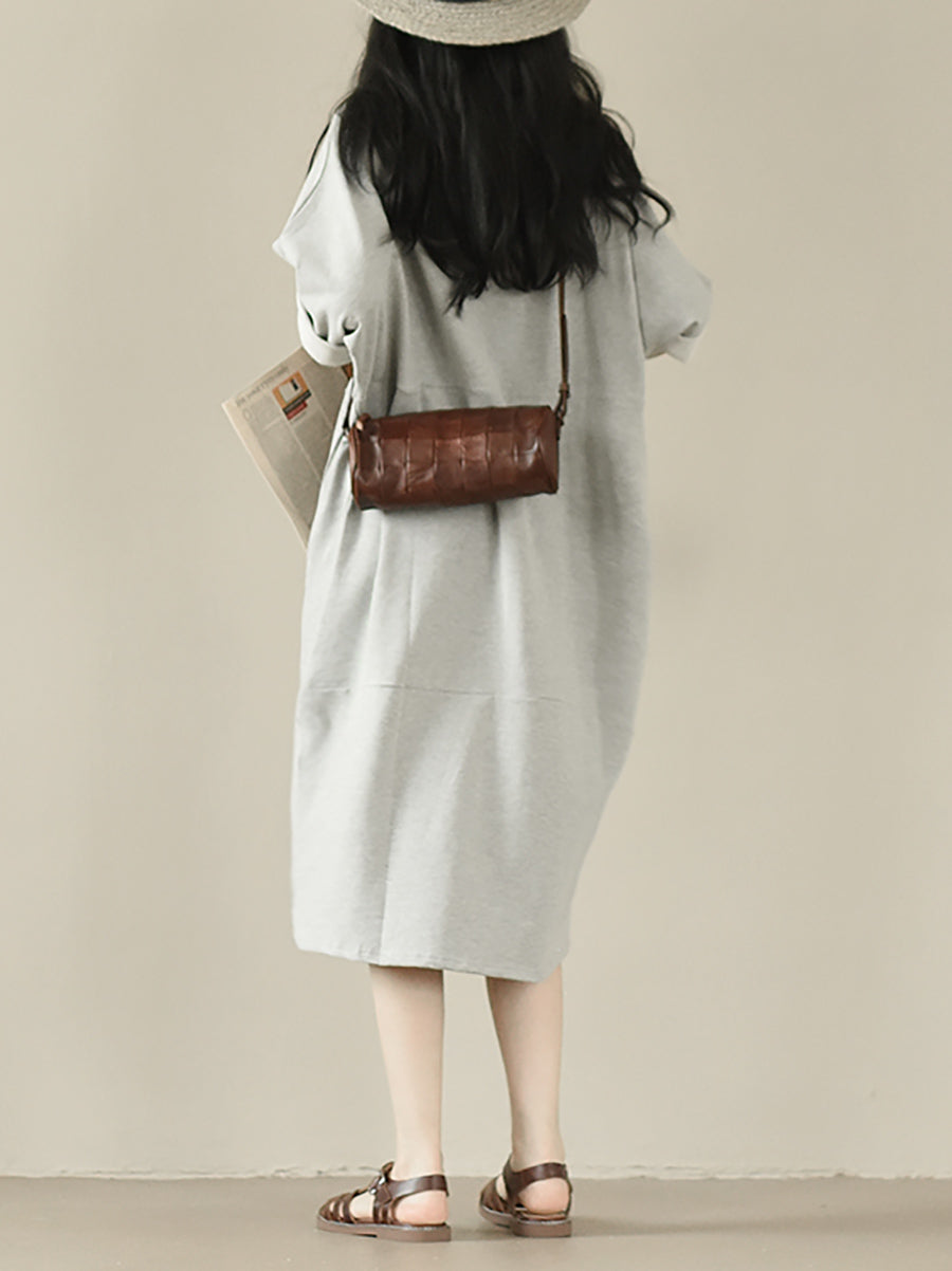 Women Autumn Casual Pure Color O-Neck Cotton Dress