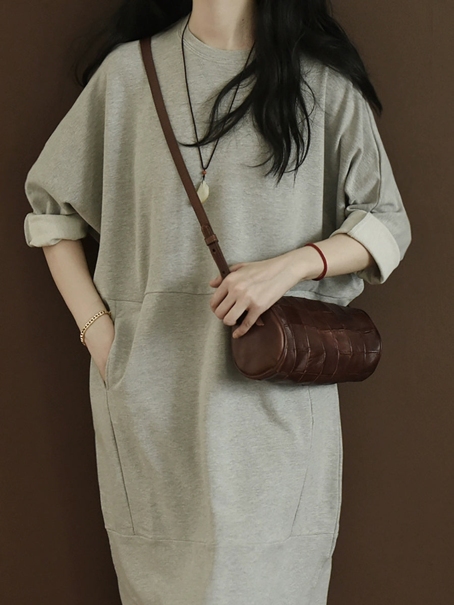Women Autumn Casual Pure Color O-Neck Cotton Dress