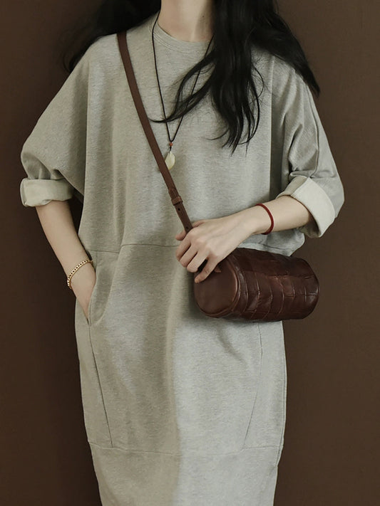 Women Autumn Casual Pure Color O-Neck Cotton Dress