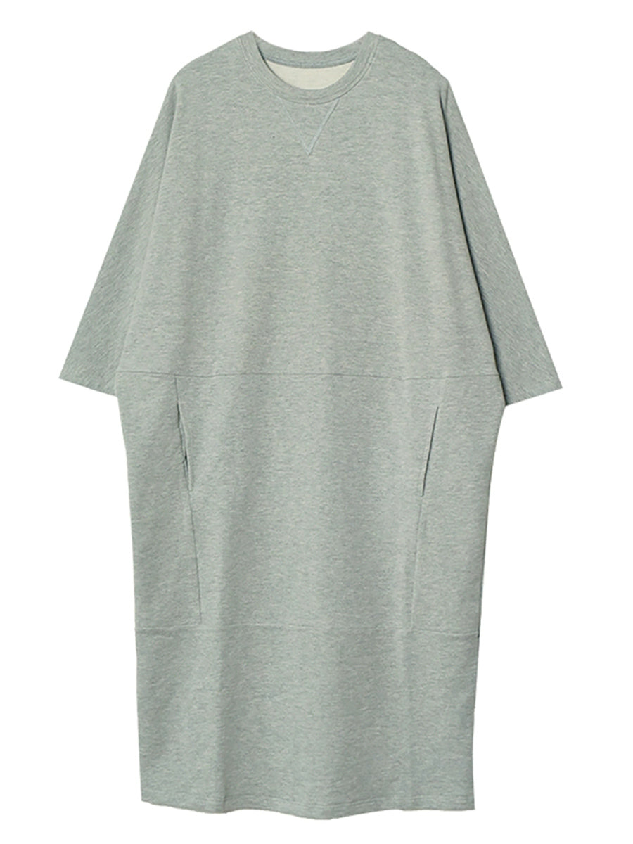 Women Autumn Casual Pure Color O-Neck Cotton Dress