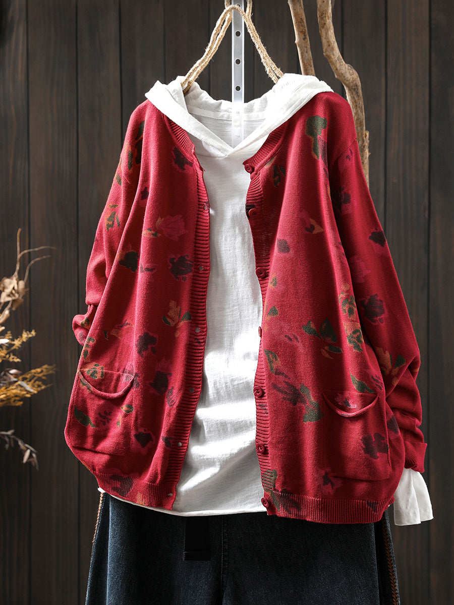 Women Autumn Artsy Flower Knitted O-Neck Sweater