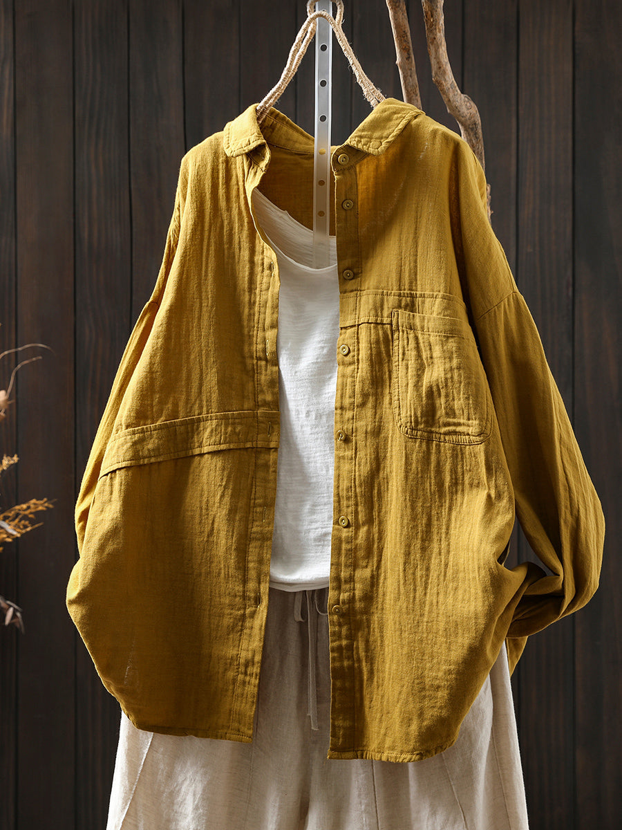 Women Pure Color Turn-down Collar 100%Cotton Shirt