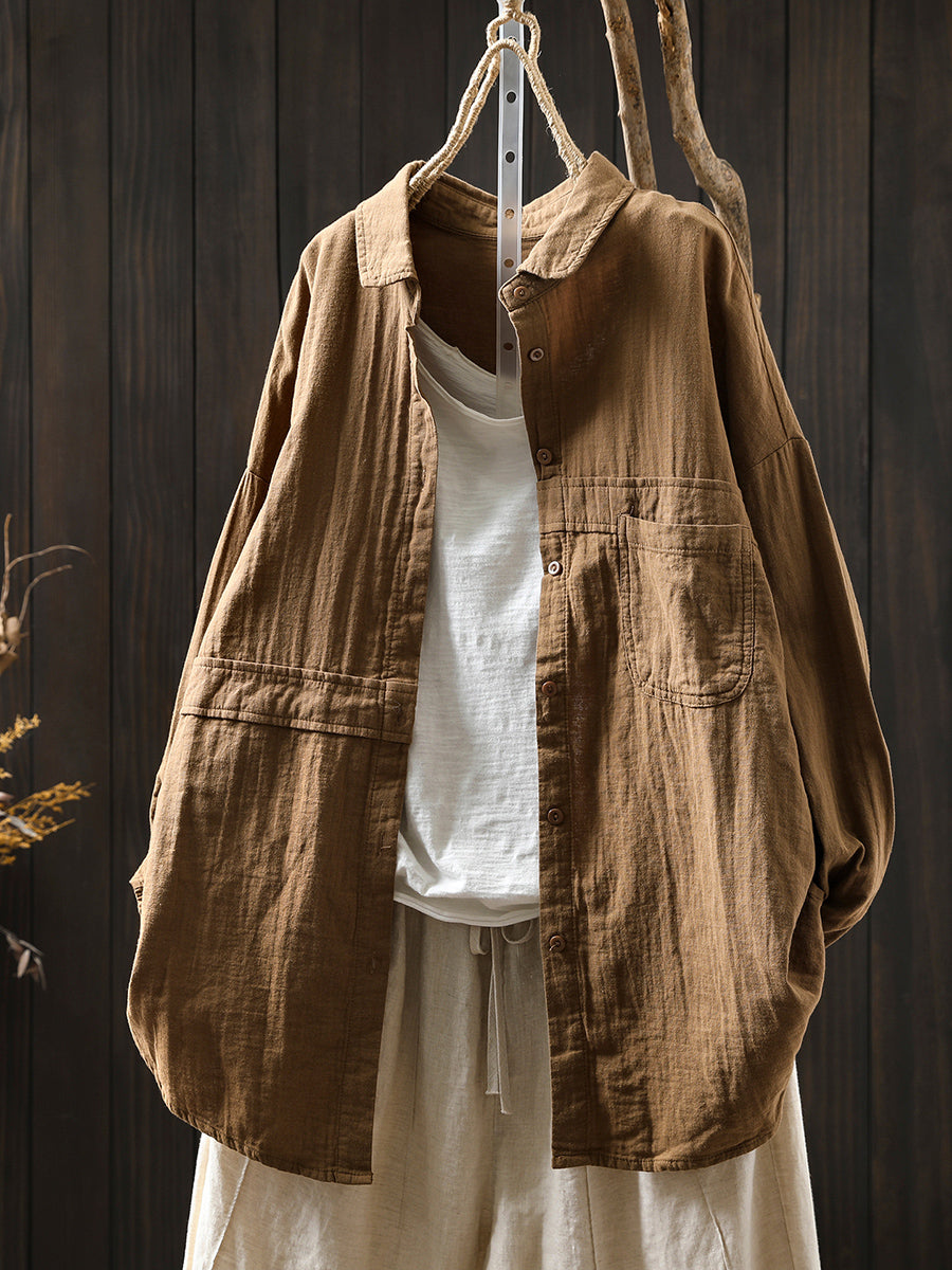 Women Pure Color Turn-down Collar 100%Cotton Shirt