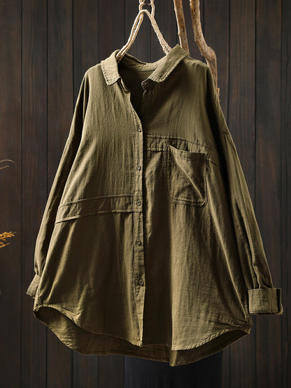 Women Pure Color Turn-down Collar 100%Cotton Shirt